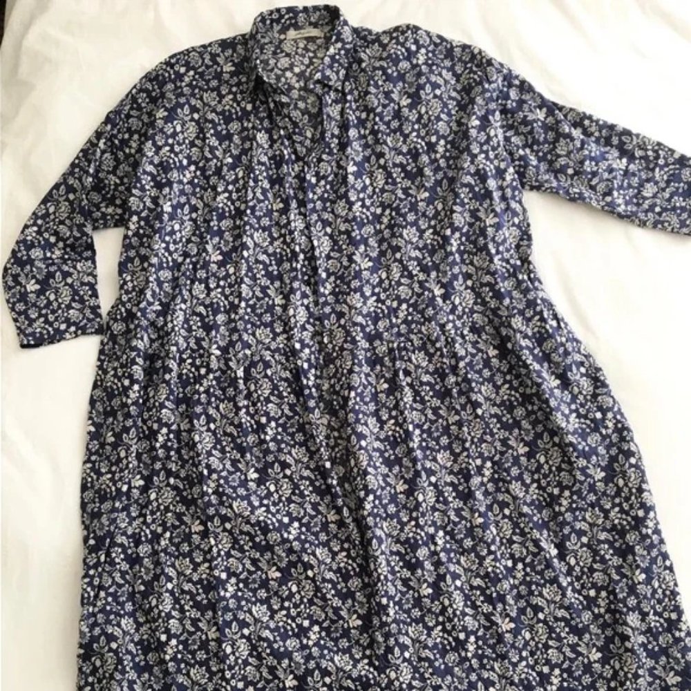 [SOLD] Ichi Antiquités Blue floral linen button front gather dress